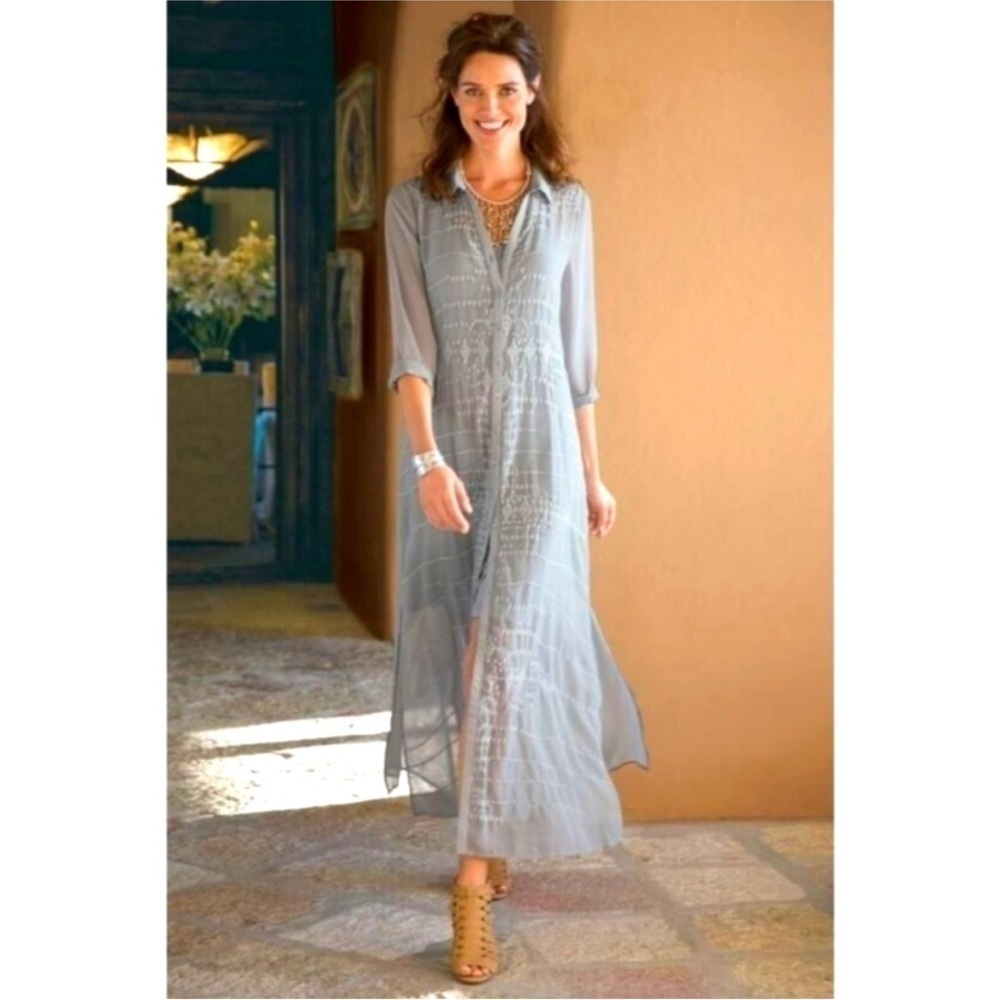 Soft surroundings ibiza sheer embroidered blue gray maxi dress size M